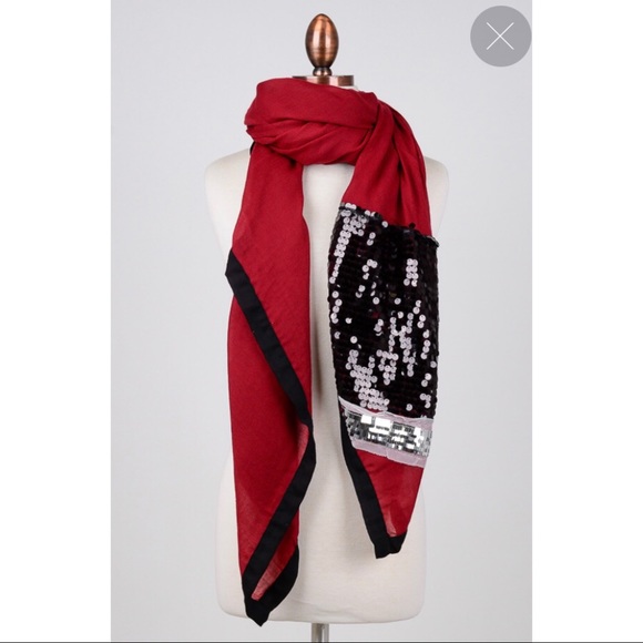 Sequin Embellished Scarf Bling New Red Black - Picture 2 of 3